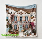 Luxury Hermès Santorini Bougainvillea Villa Print Flannel Throw Blanket IMG_5190